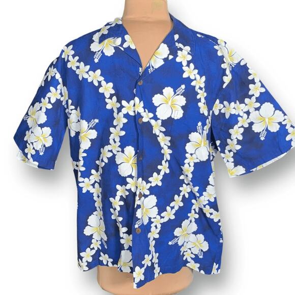 Vintage Hilo Hattie Hawaiian Shirt Blue Hibiscus Plumeria Floral Short Sleeve - Picture 2 of 10